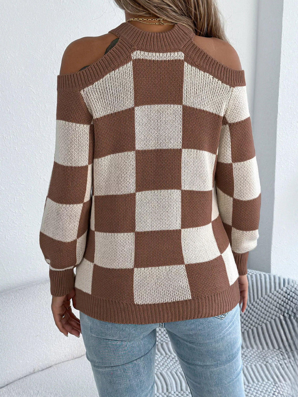 Checked Cold Shoulder Long Sleeve Sweater view 9