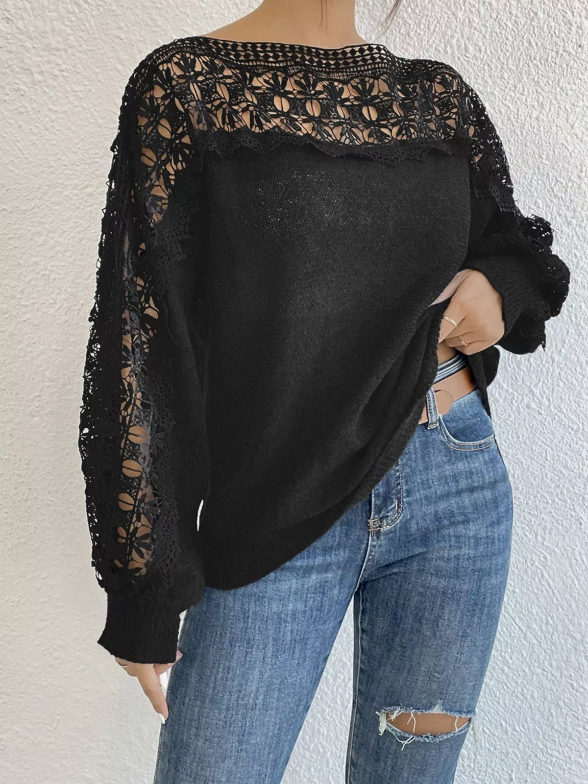 Black crochet long sleeve sweater front view