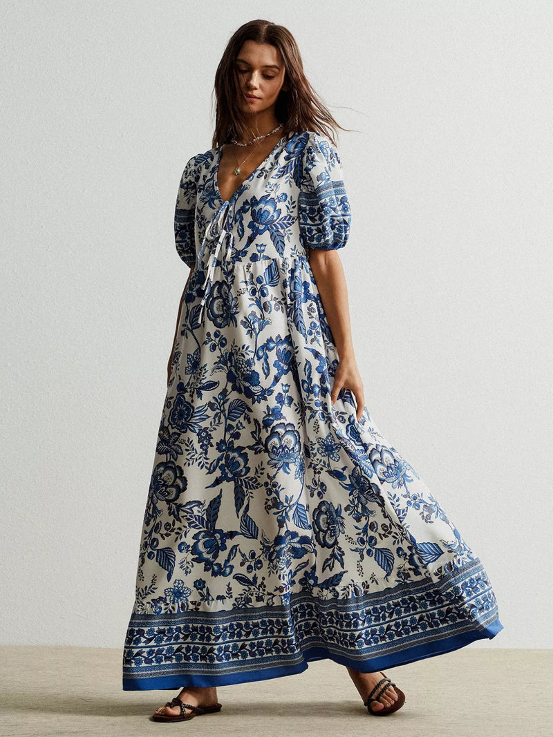 floral tie neck puff sleeve maxi dress in navy front view