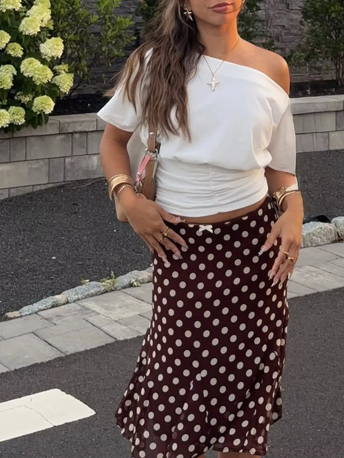 Dark brown polka dot midi skirt styled outfit view