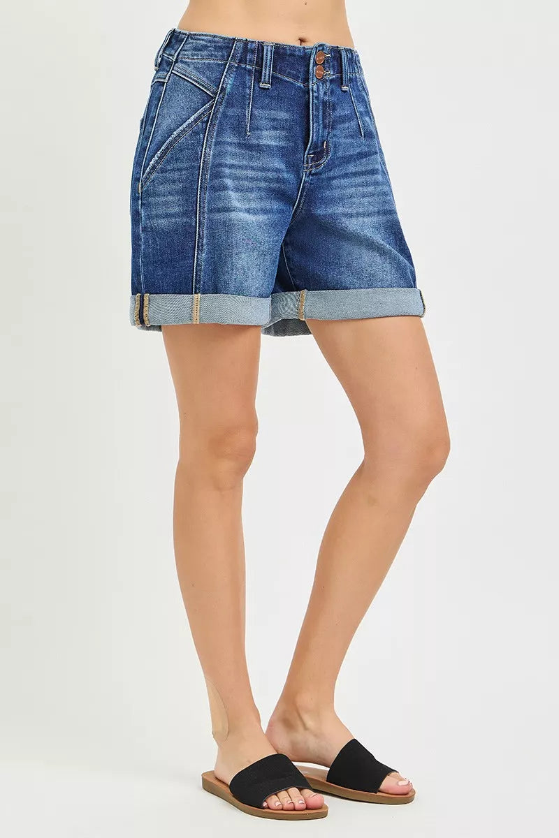 dark wash RISEN high rise roll up shorts back view