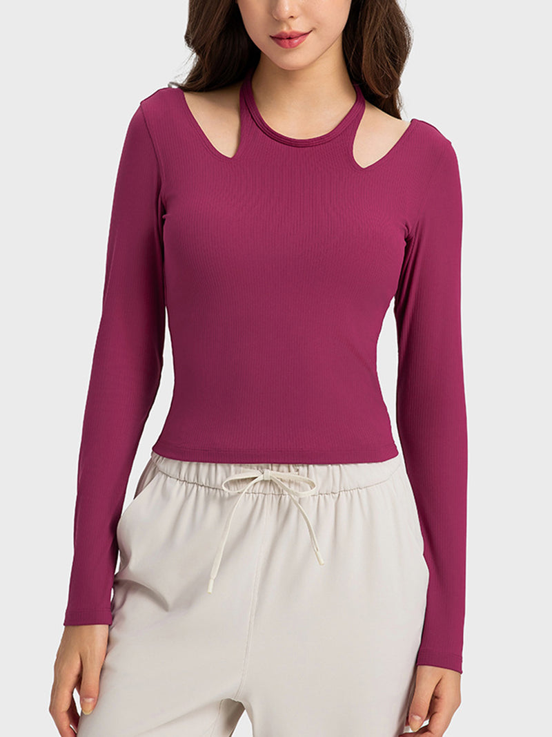 halter neck long sleeve active top front view