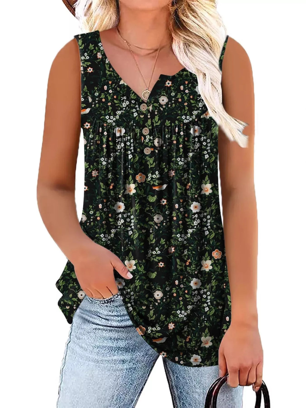 Floral print tank top in black