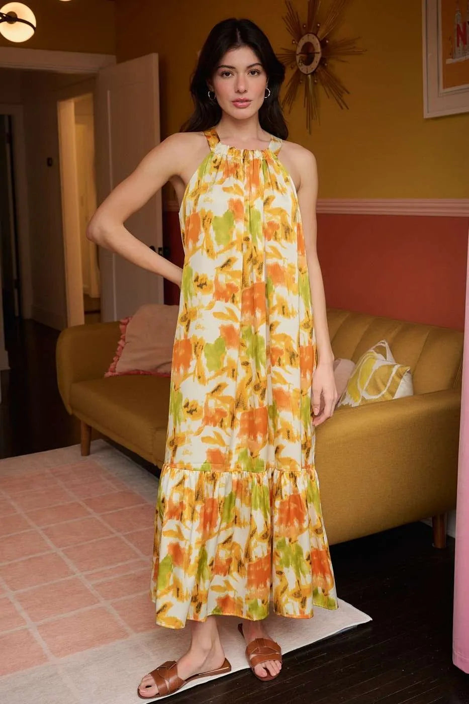 Watercolor halter satin maxi dress front view
