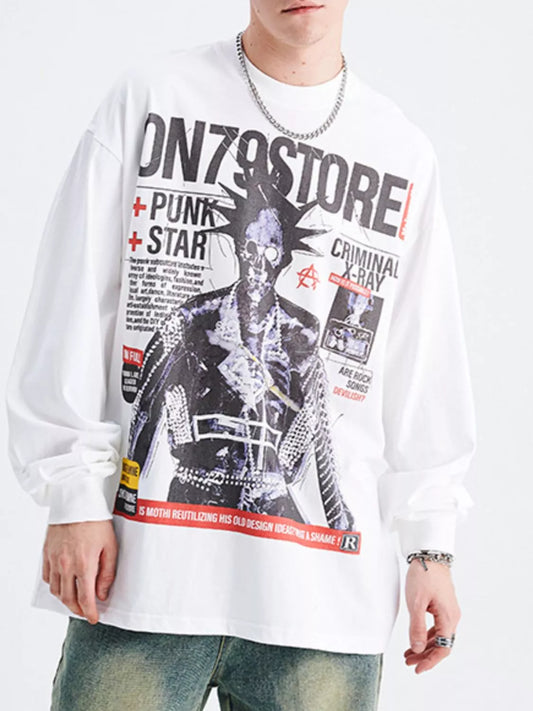 Men's Graphic Round Neck Long Sleeve T-Shirt White - Fashorio