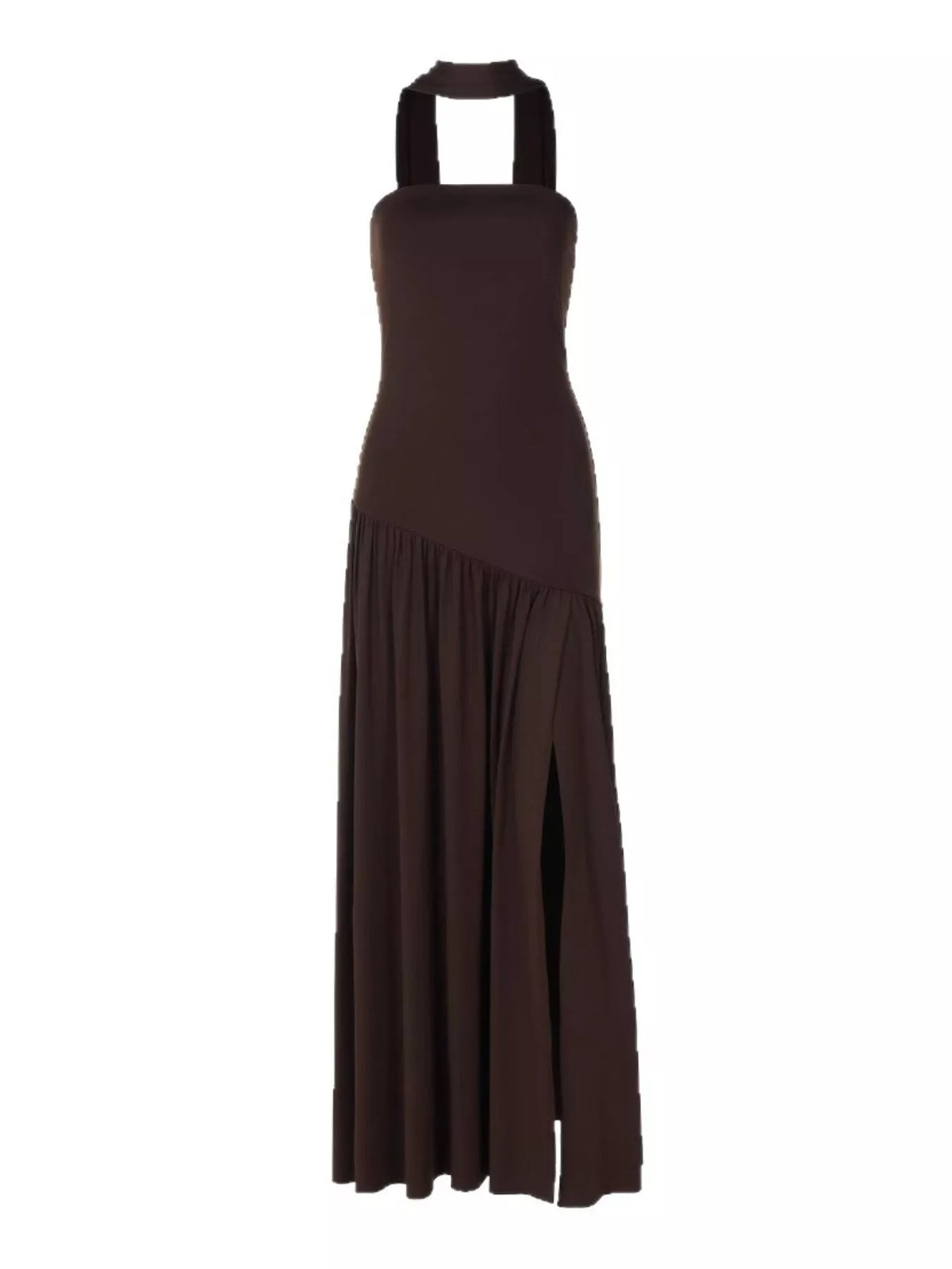 Slit asymmetrical tube maxi dress full outfit view