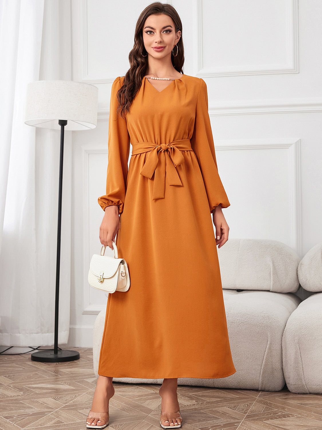 Tie Waist Puff Sleeve Maxi Dress - Fashorio