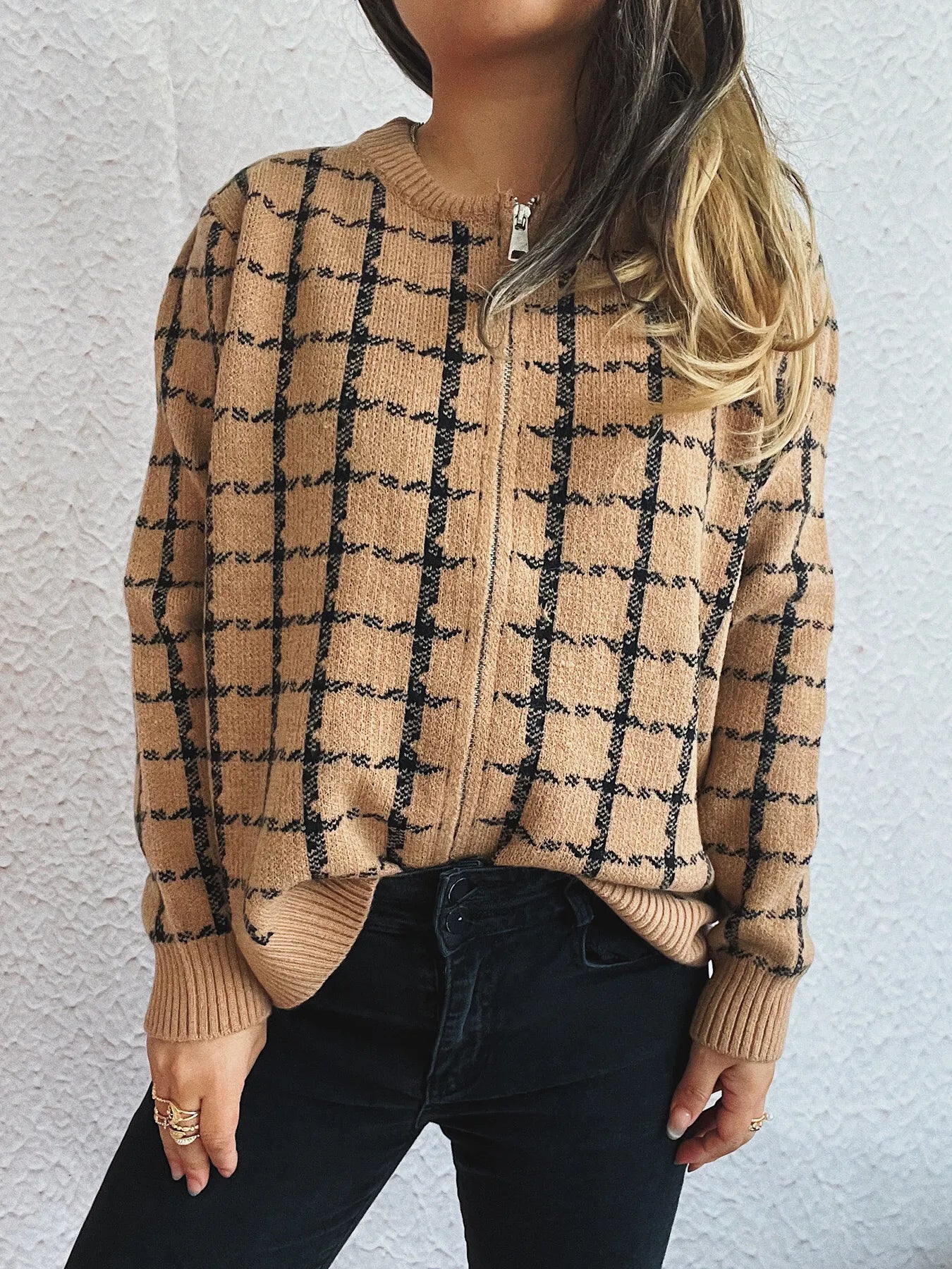 Plaid Pattern Zip Up Cardigan Khaki One Size - Fashorio