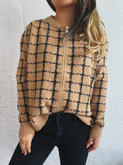 Plaid Pattern Zip Up Cardigan Khaki One Size - Fashorio