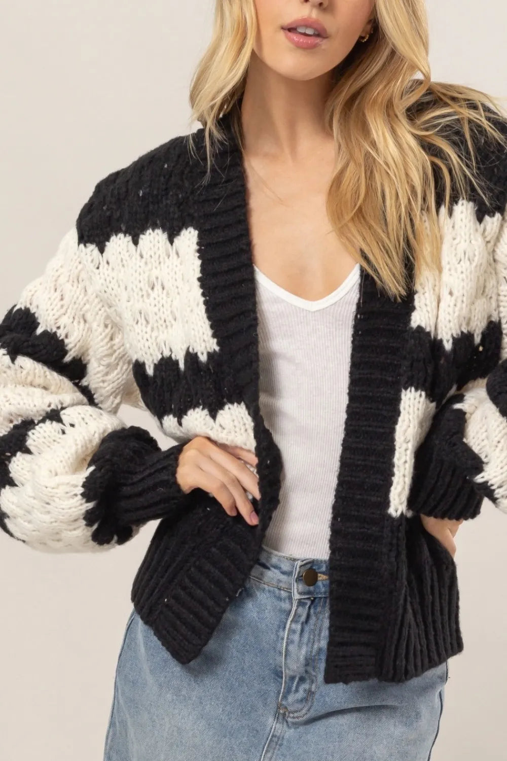 HYFVE Scallop Striped Open Front Long Sleeve Sweater Cardigan - Fashorio