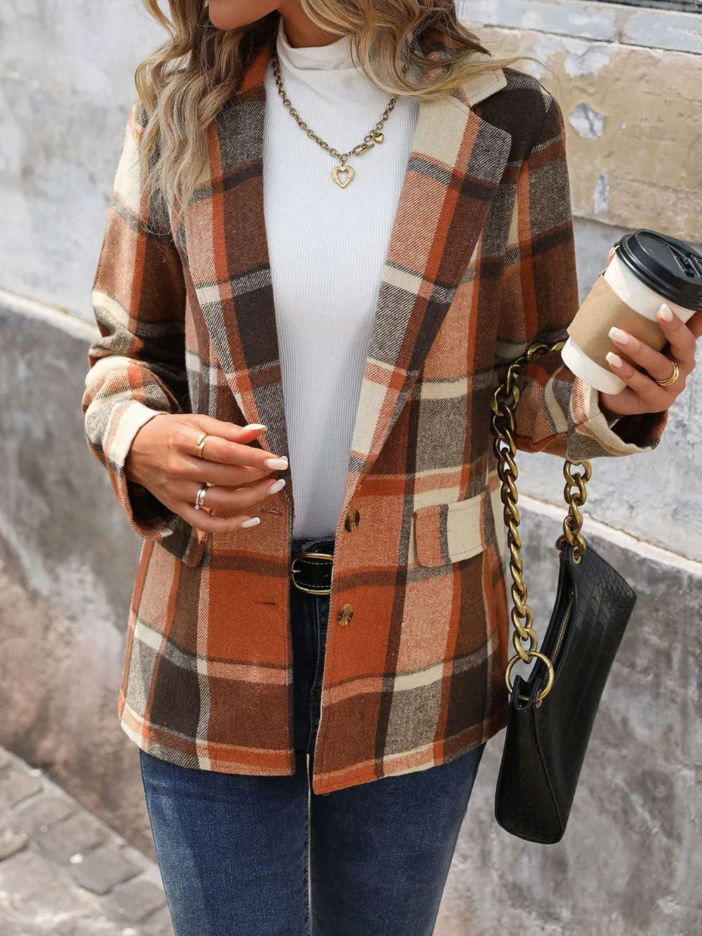 Perfee Plaid Button Down Lapel Collar Blazer - Fashorio