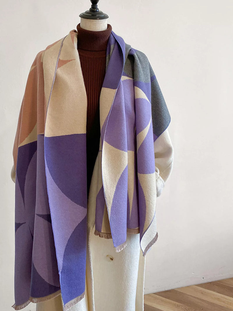 Contrast raw hem scarf draped over the shoulders