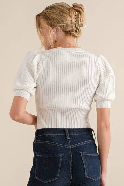 And The Why Puffed Half Sleeve Rib Basic Bodysuit - Fashorio