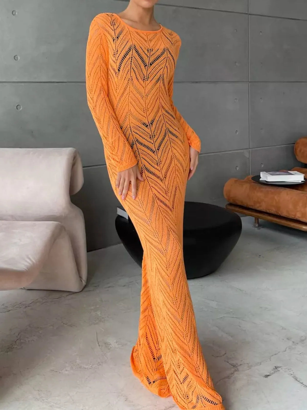 openwork knit long sleeve cover up maxi dress hem detail