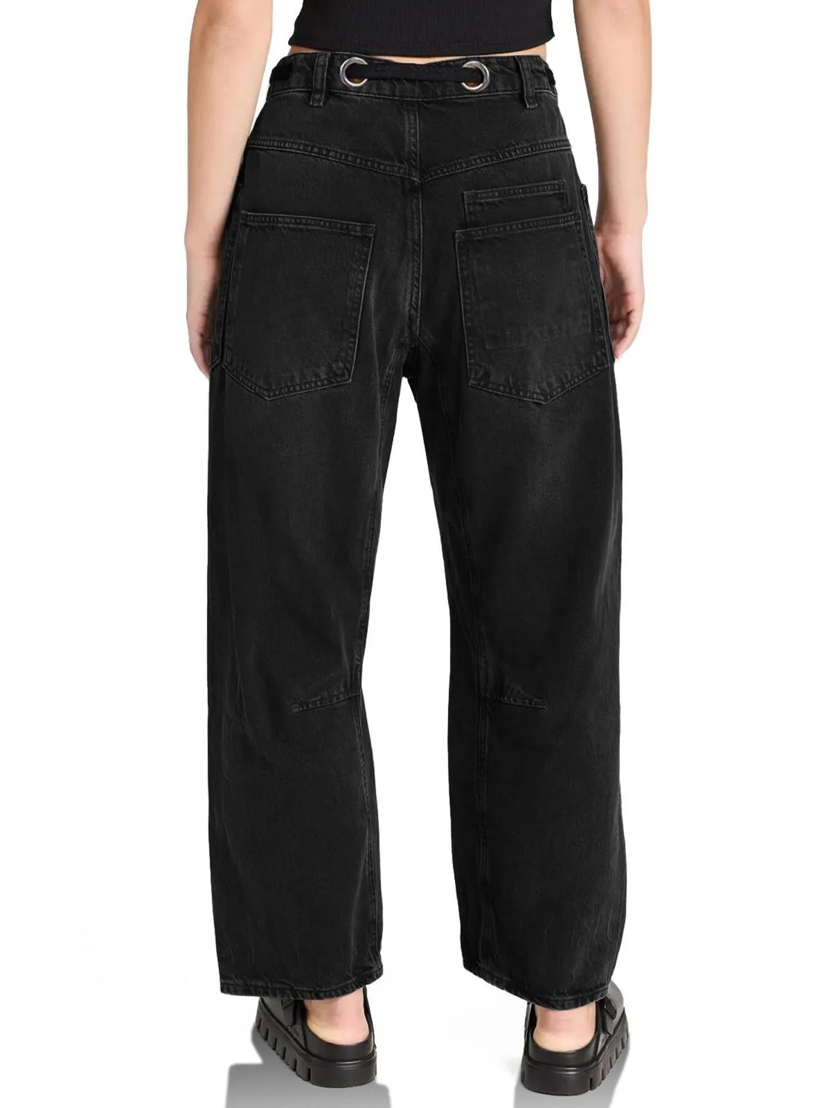 Back view of wide leg washed jeans