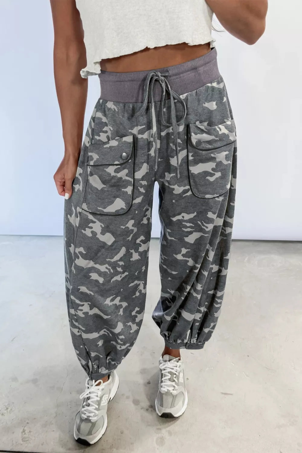 Camouflage cargo barrel pants back view