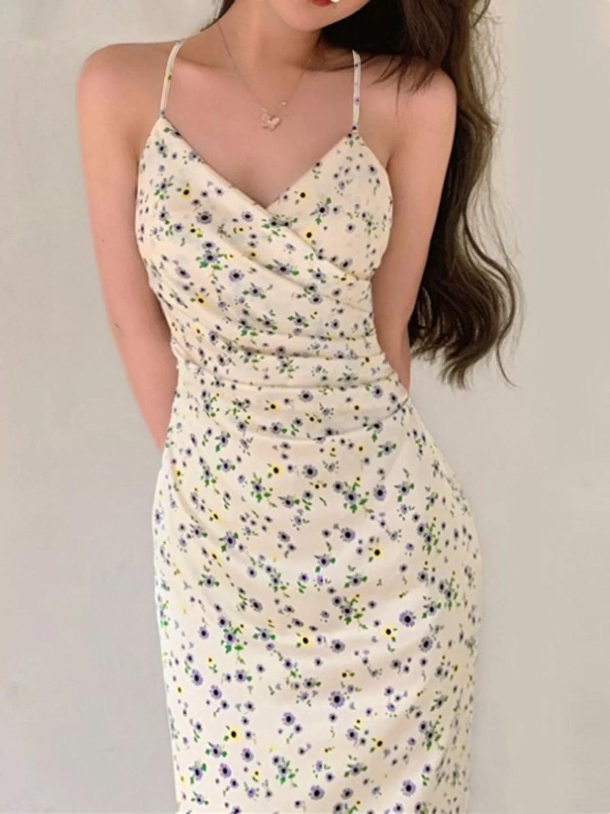 Beige floral spaghetti strap midi dress full length view