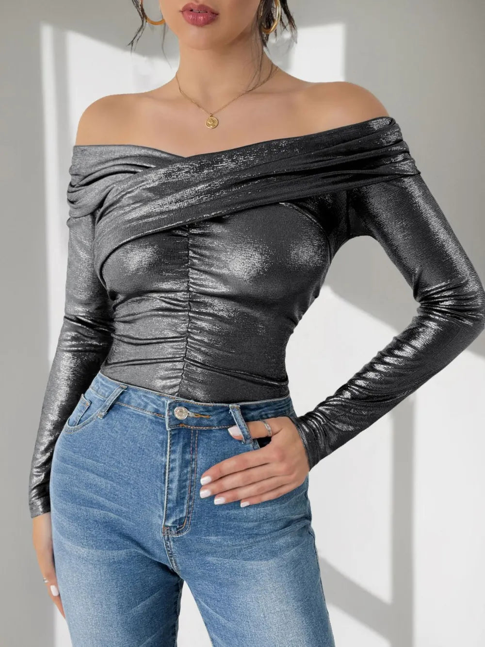 Perfee Ruched Off-Shoulder Long Sleeve Bodysuit - Fashorio