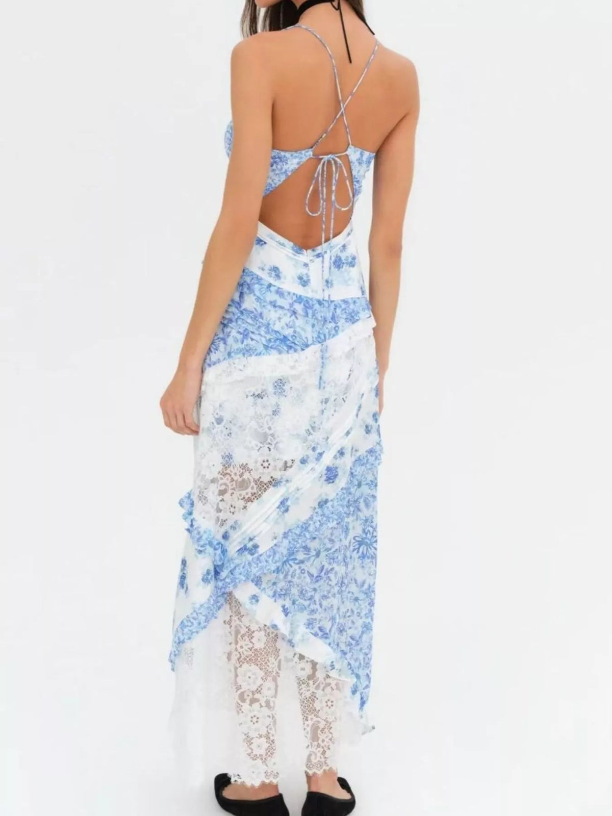 Lace detail ruffled floral v neck maxi dress, fabric and print close up