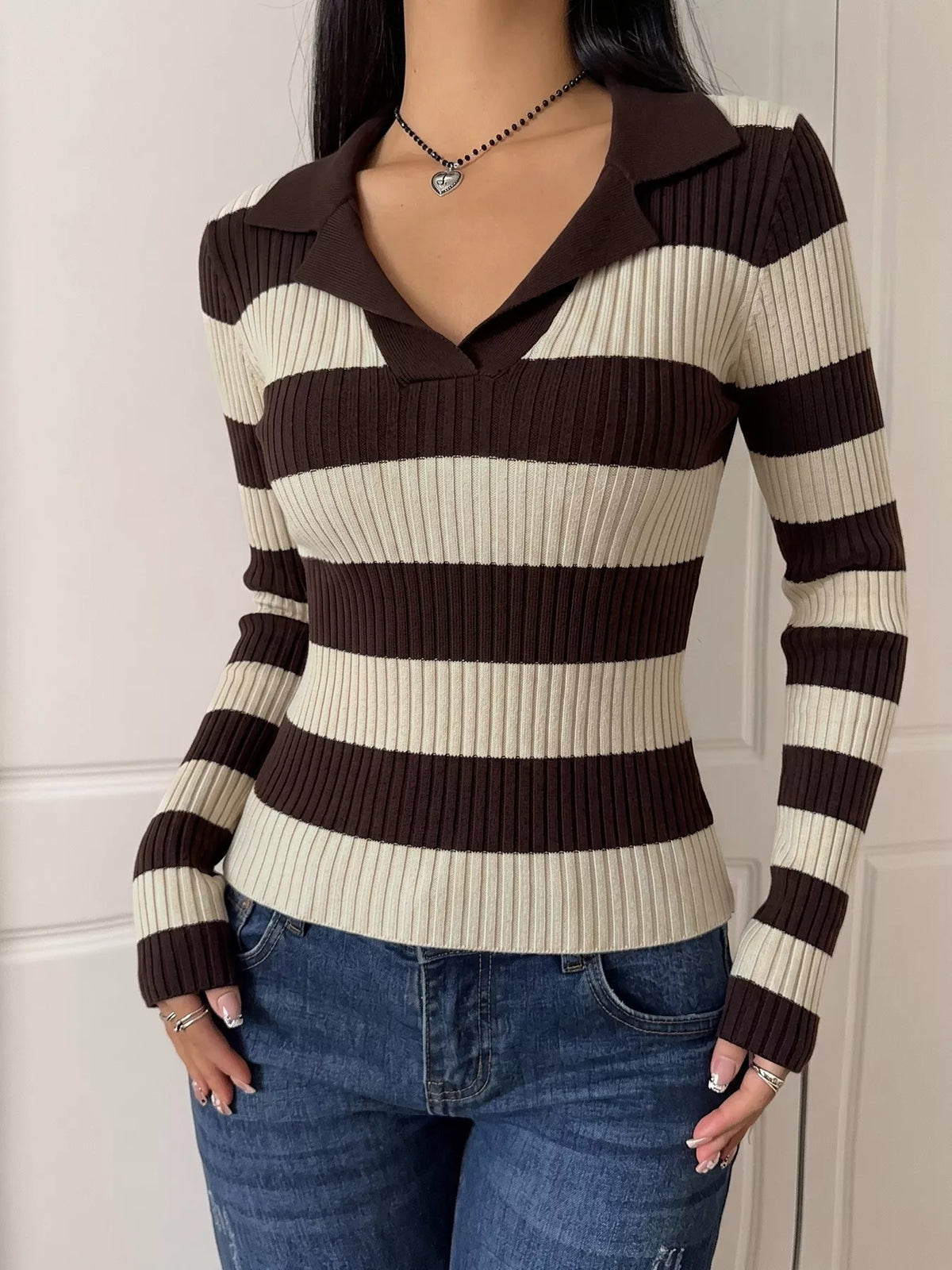 Striped Ribbed Long Sleeve Sweater back view
