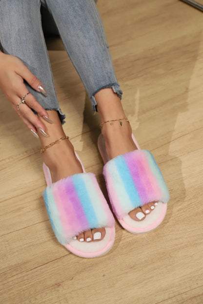 Color Block Open Toe Faux Fur PVC Slippers - Fashorio