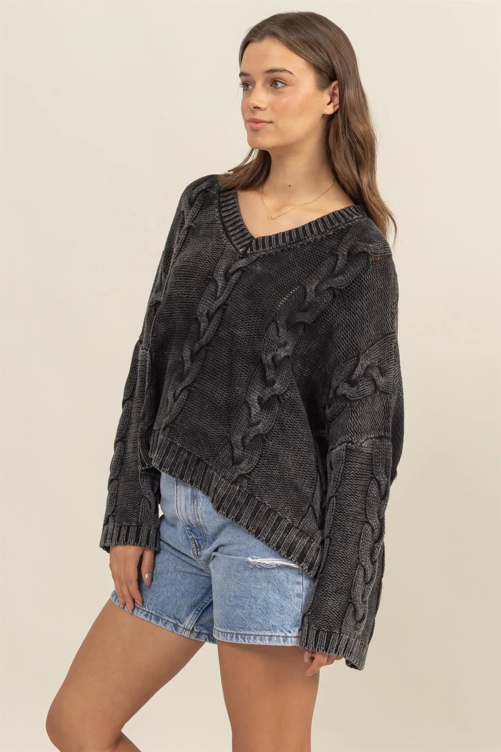 Oversized Cable Knit V Neck Sweater in Charcoal side view