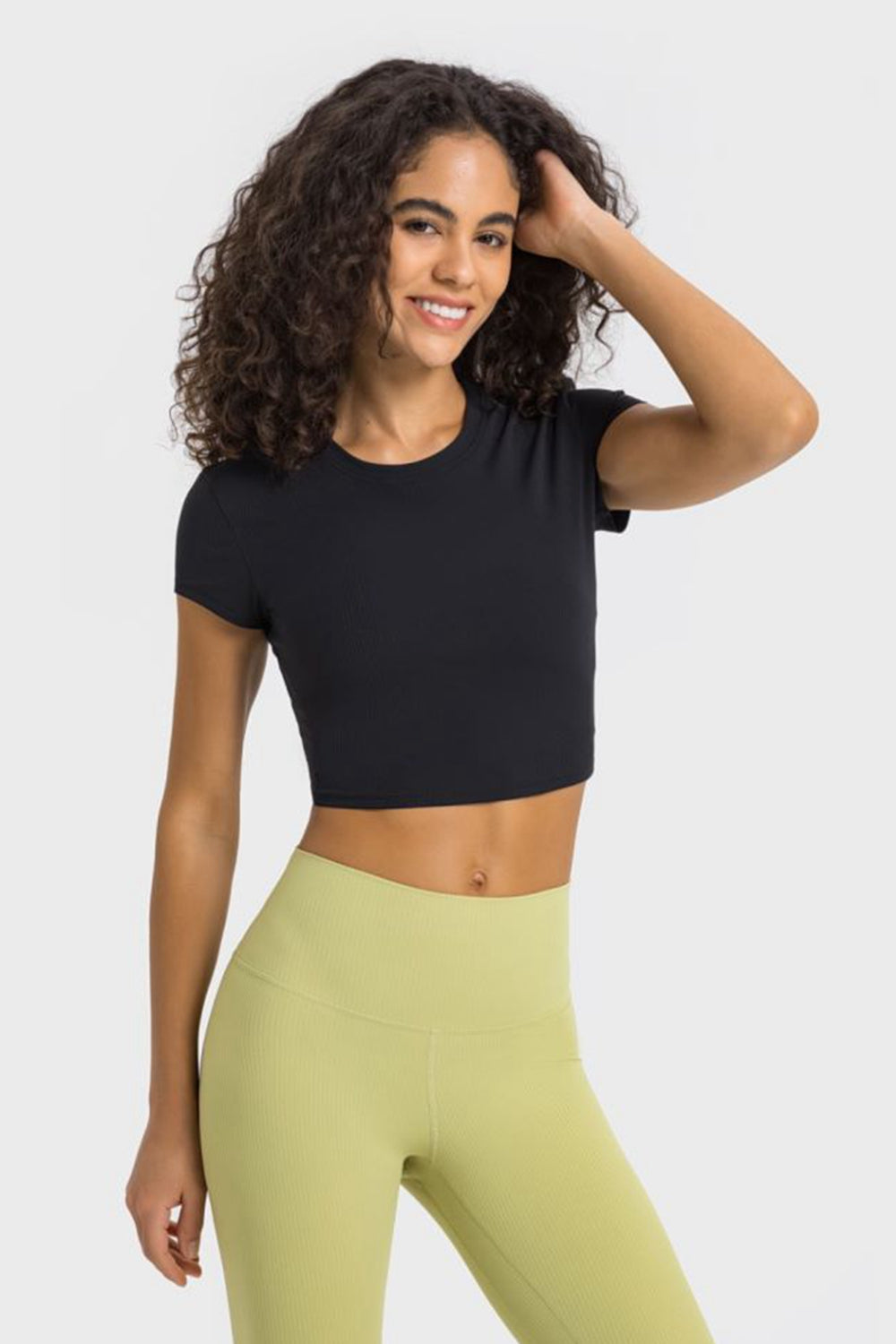 Round neck cropped sports t-shirt styled view