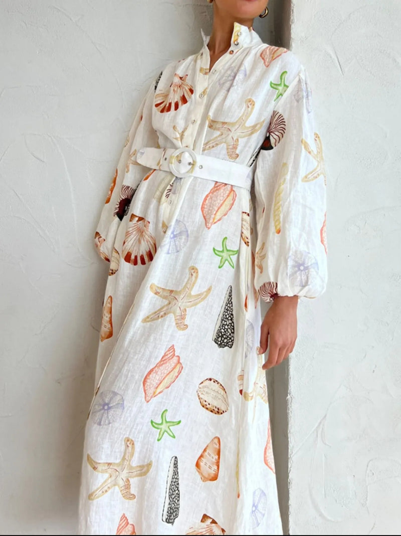 beige printed balloon sleeve maxi shirt dress front view