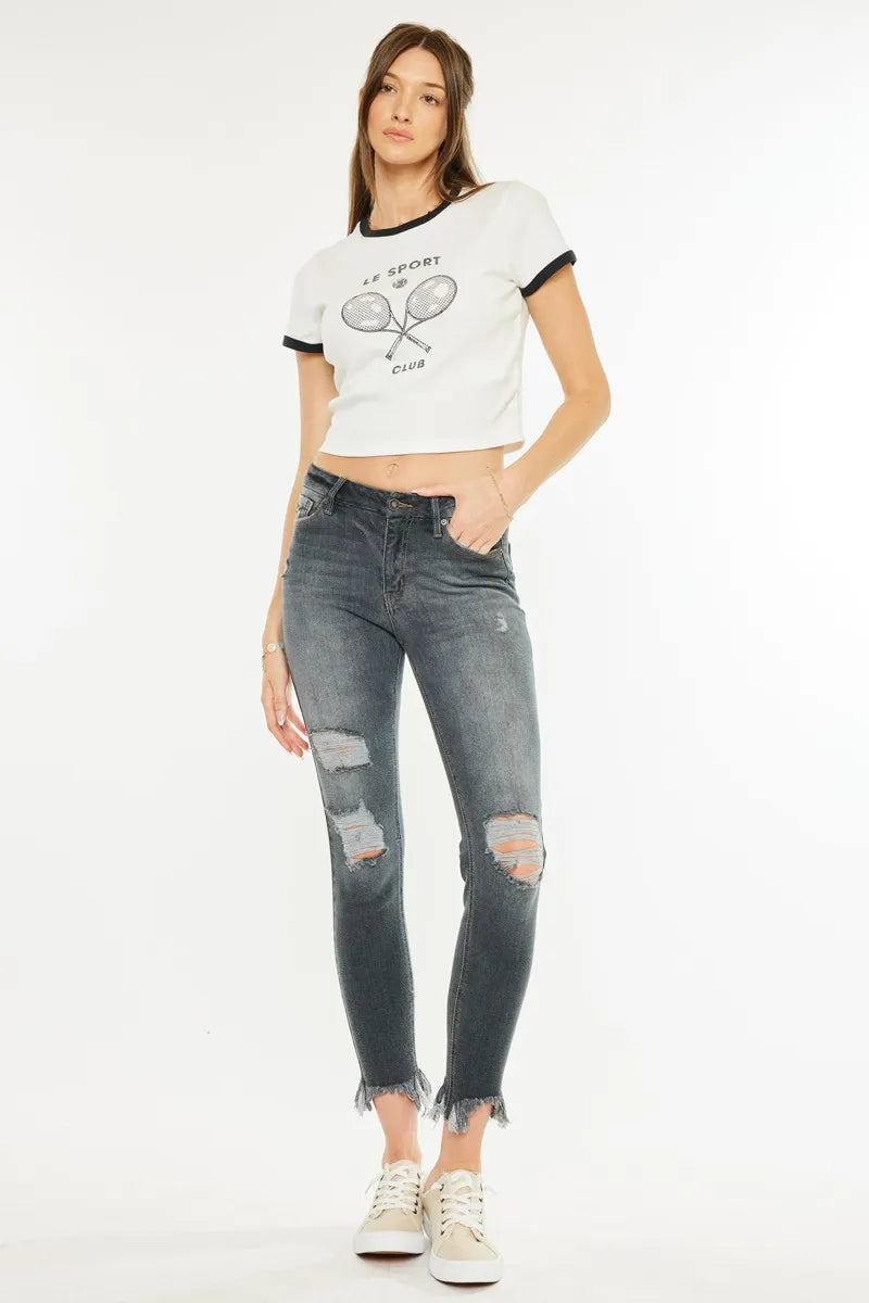 High rise distressed ankle skinny jeans front view