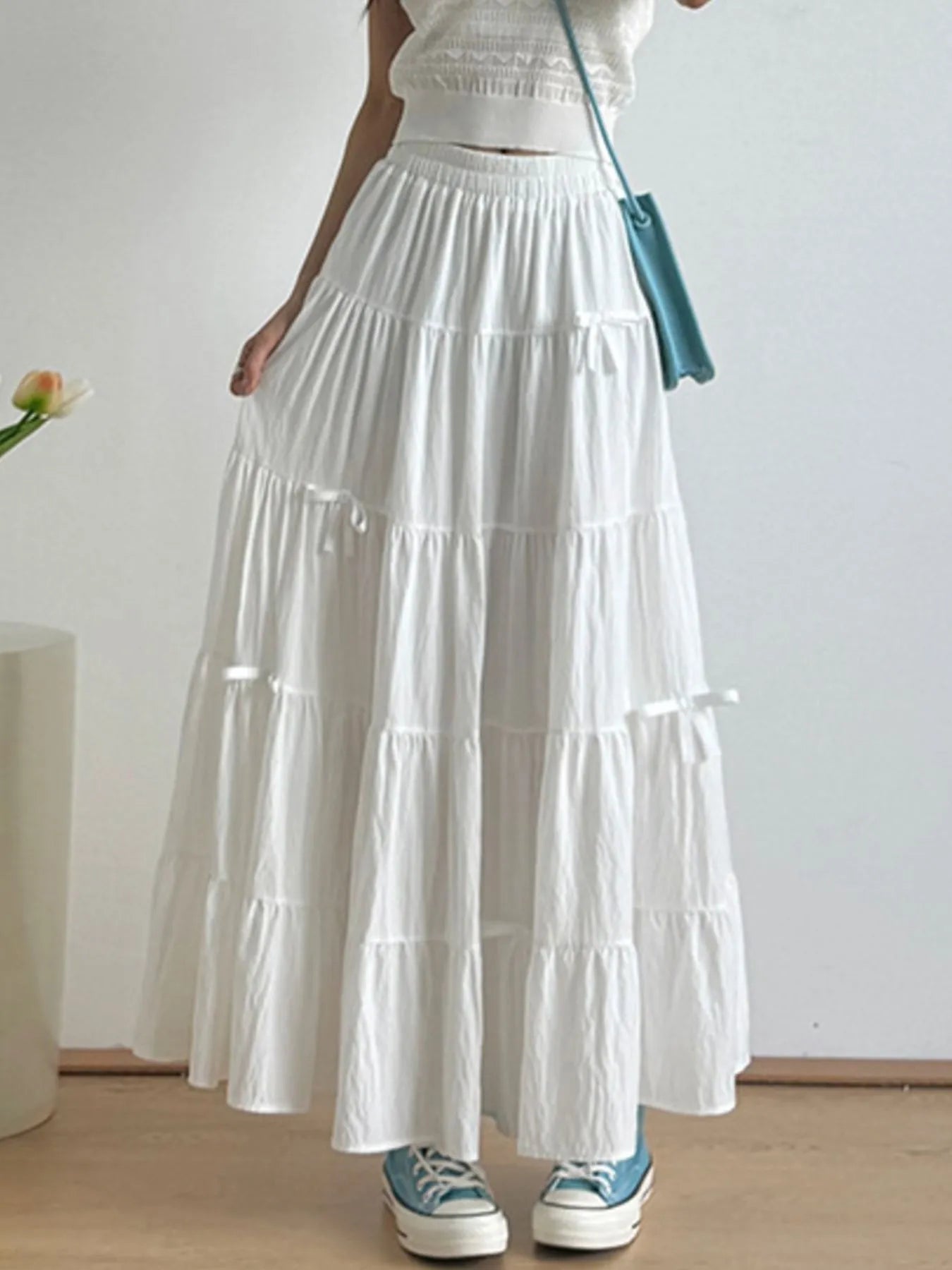 Tiered Elastic Waist Maxi Skirt White - Fashorio