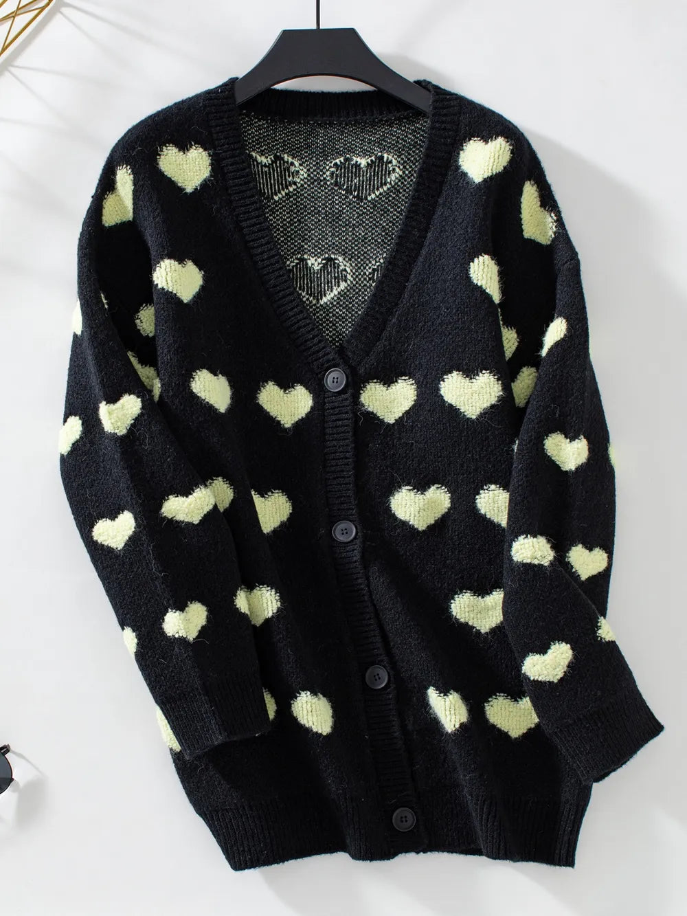Heart V-Neck Button Up Long Sleeve Cardigan Black - Fashorio