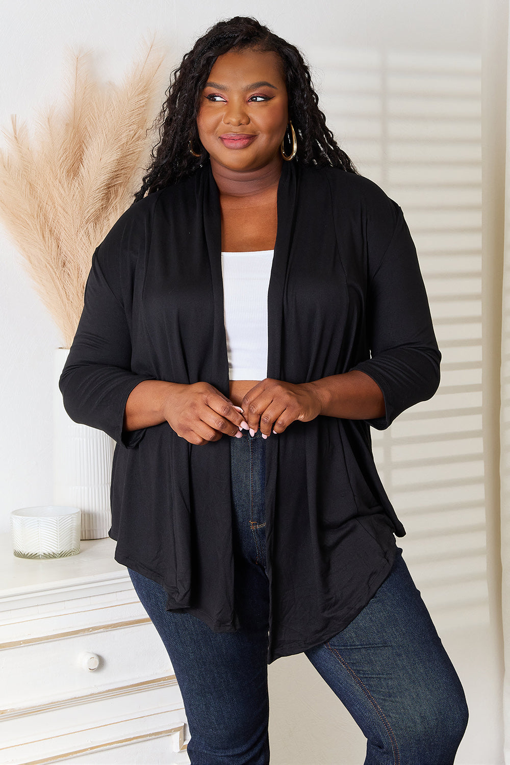 Culture Code open front cardigan in black front view