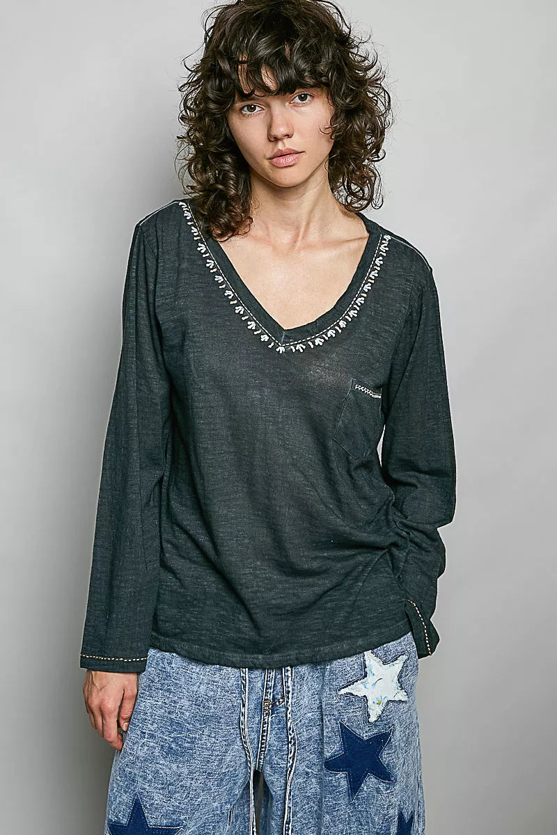 POL contrast stitch V neck knit long sleeve top in black front view