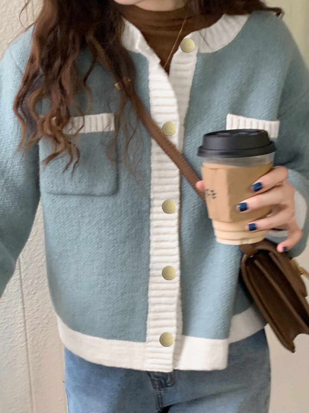 Contrast trim cardigan full length