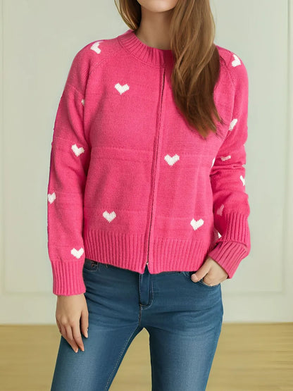 Heart Round Neck Zip Up Cardigan Hot Pink One Size - Fashorio