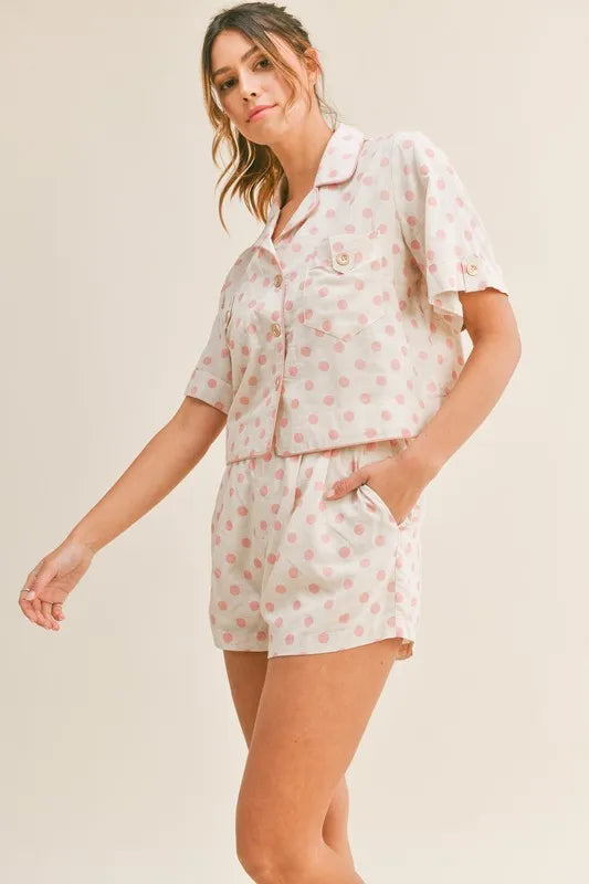 Polka Dot Collar Crop Top and Short Lounge Set side view