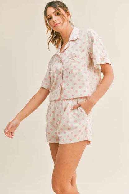 MABLE Polka Dot Collar Crop Top and Short Lounge Set - Fashorio