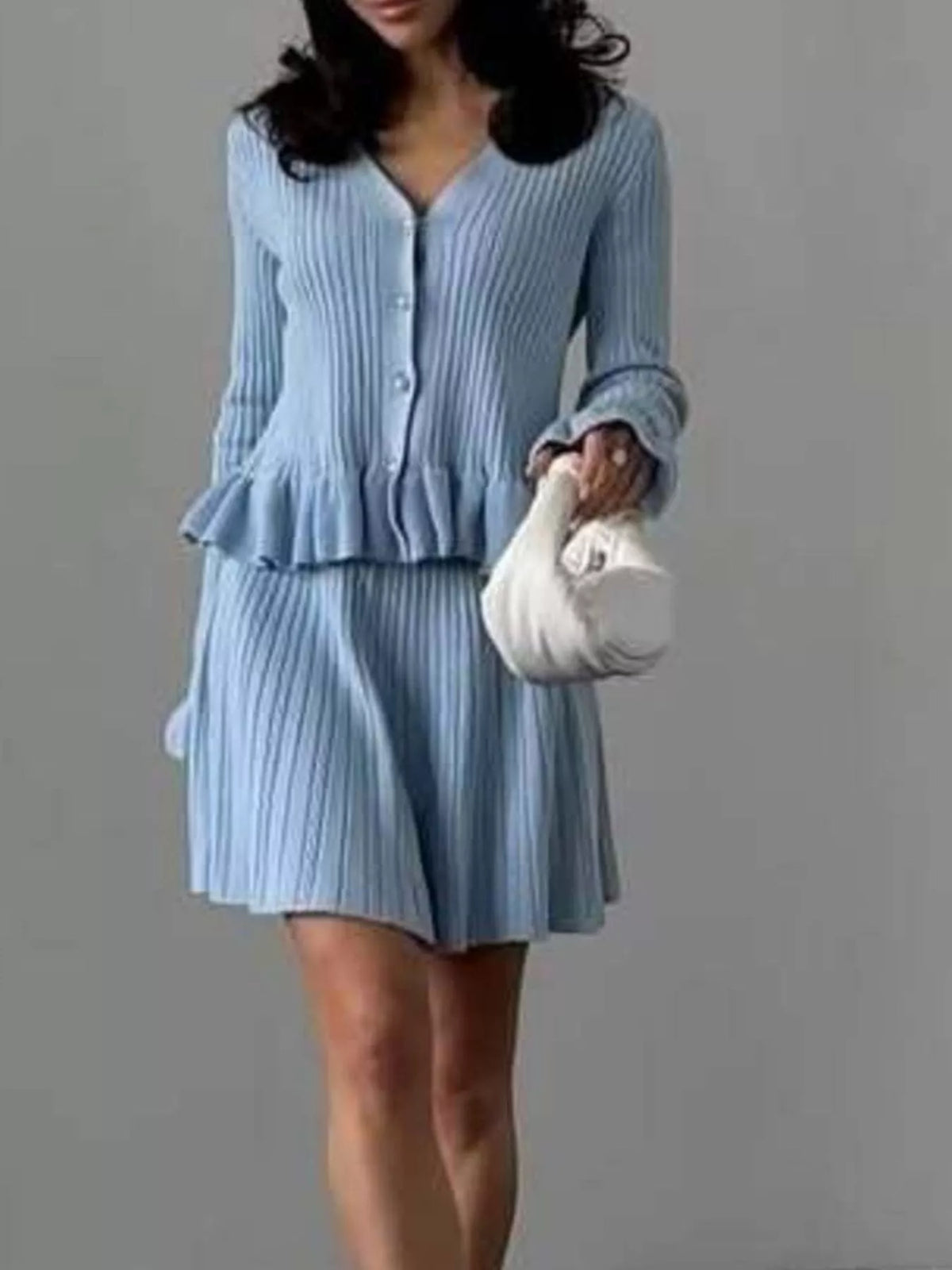 Ruffle Trim Knit Cardigan and Skirt Set, view 5