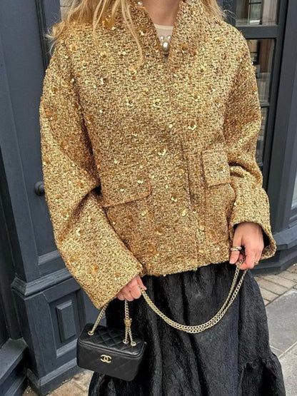 Sequin Long Sleeve Jacket with Pockets - Fashorio