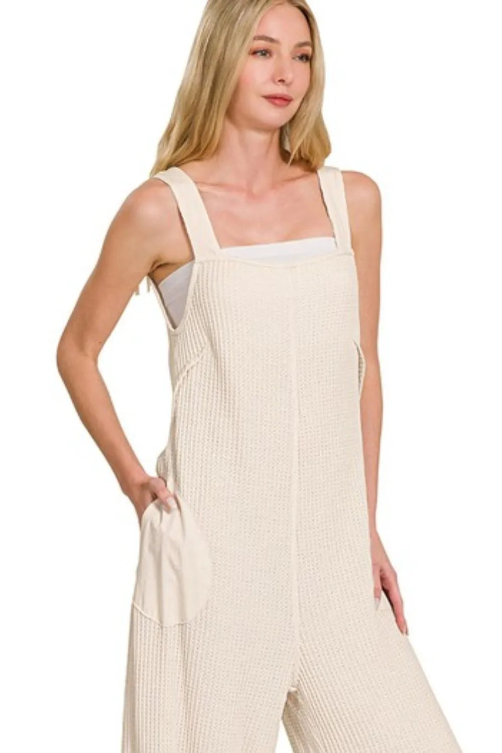 Knit Waffle Wide Leg Overalls side view