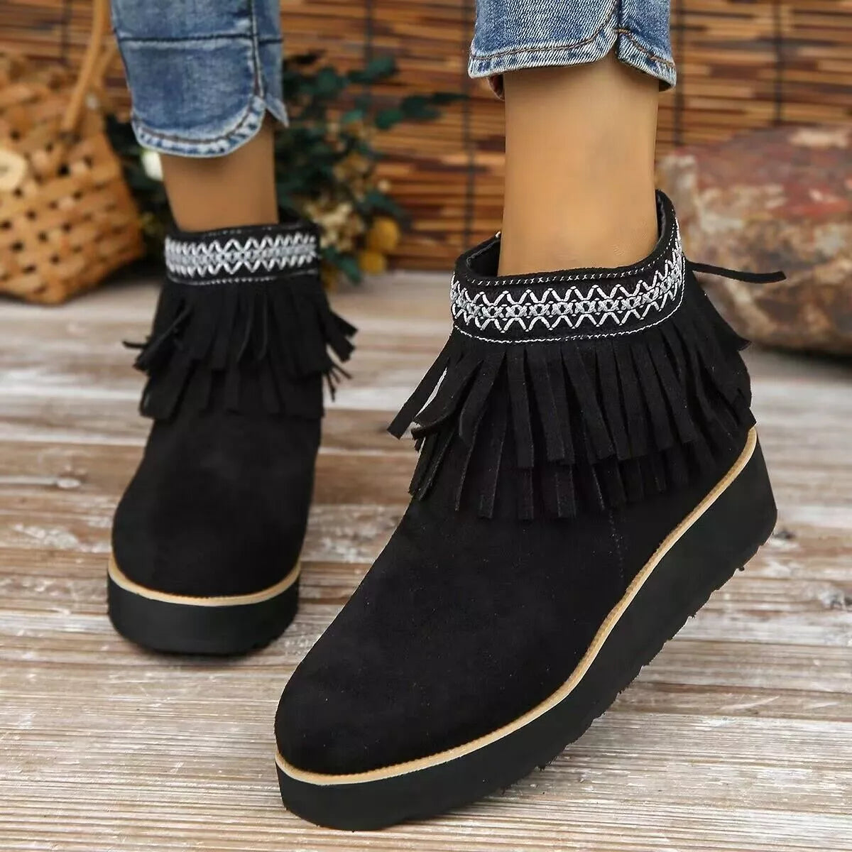 Fringe round toe ankle boots front view