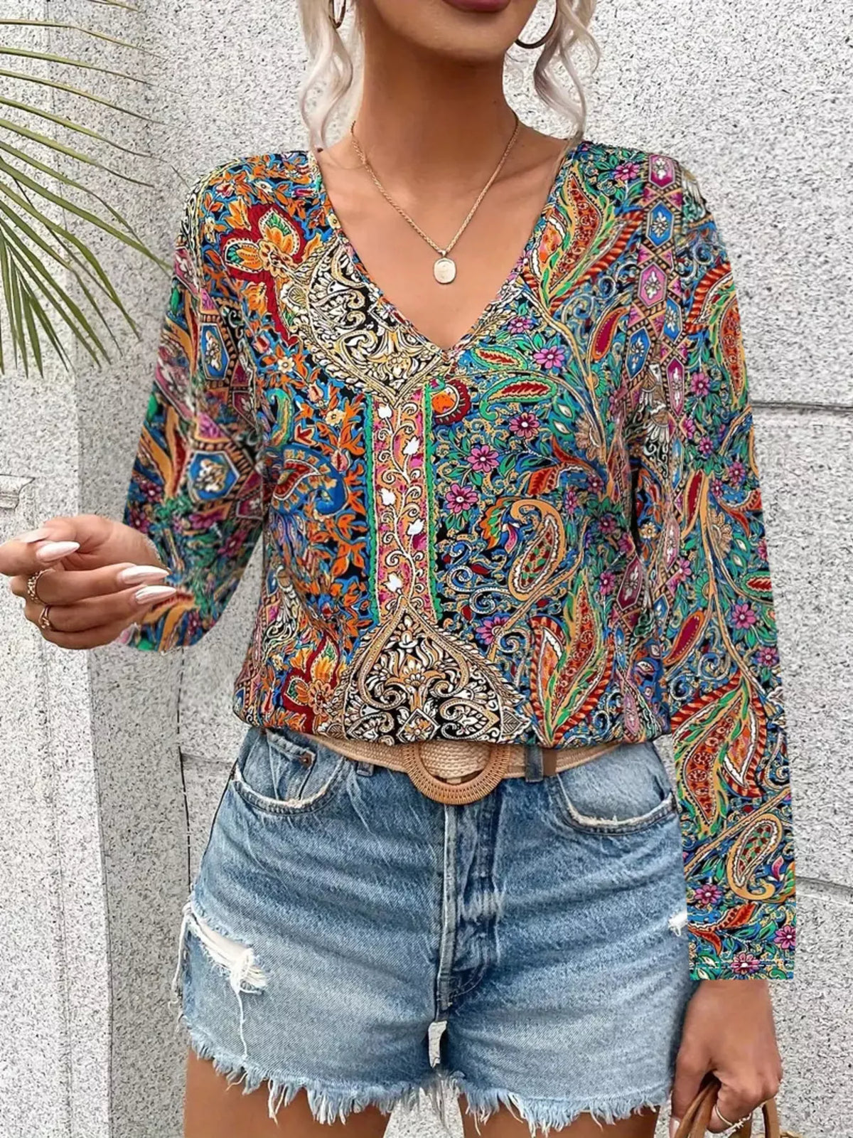 Orange red paisley blouse front