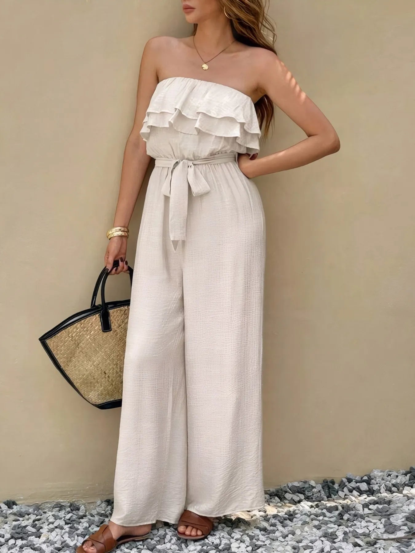 Off-Shoulder Ruffled Wide Leg Jumpsuit - Fashorio