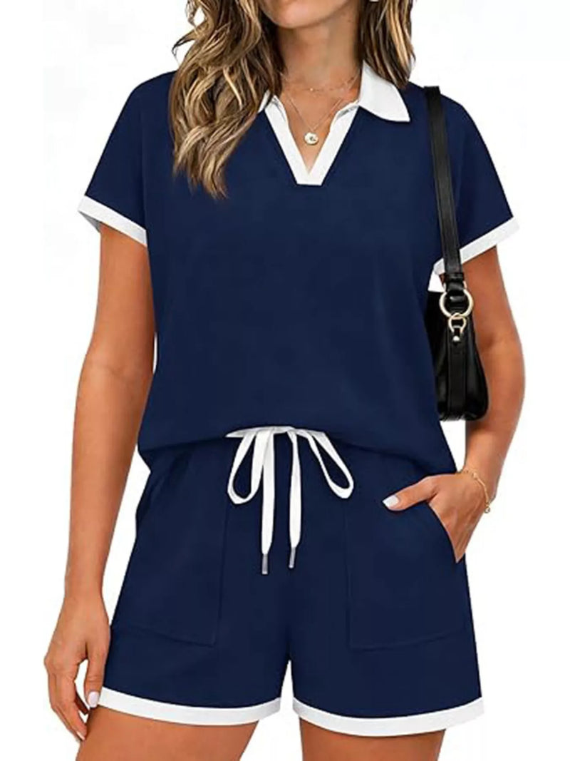 Polo collar short sleeve top and shorts two piece set front view