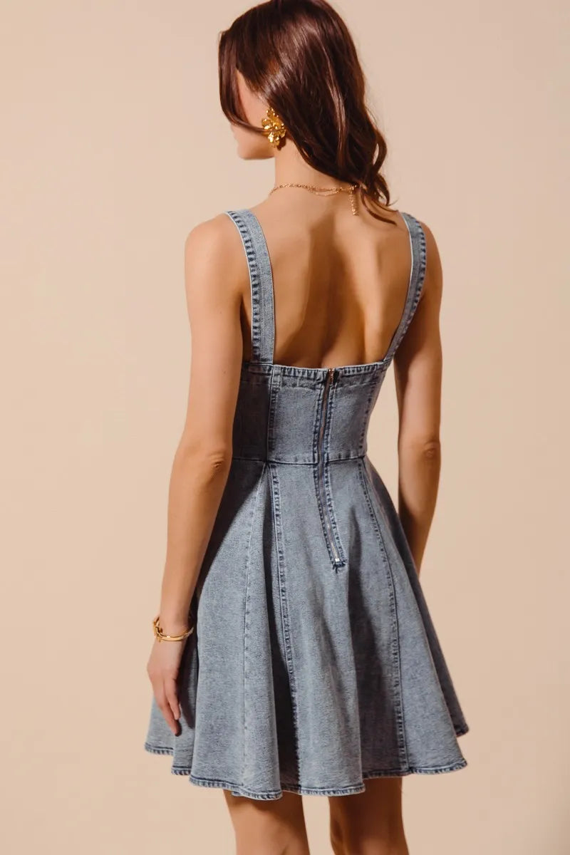 SO ME Mineral Washed Bow Ribbon Denim Flare Dress - Fashorio