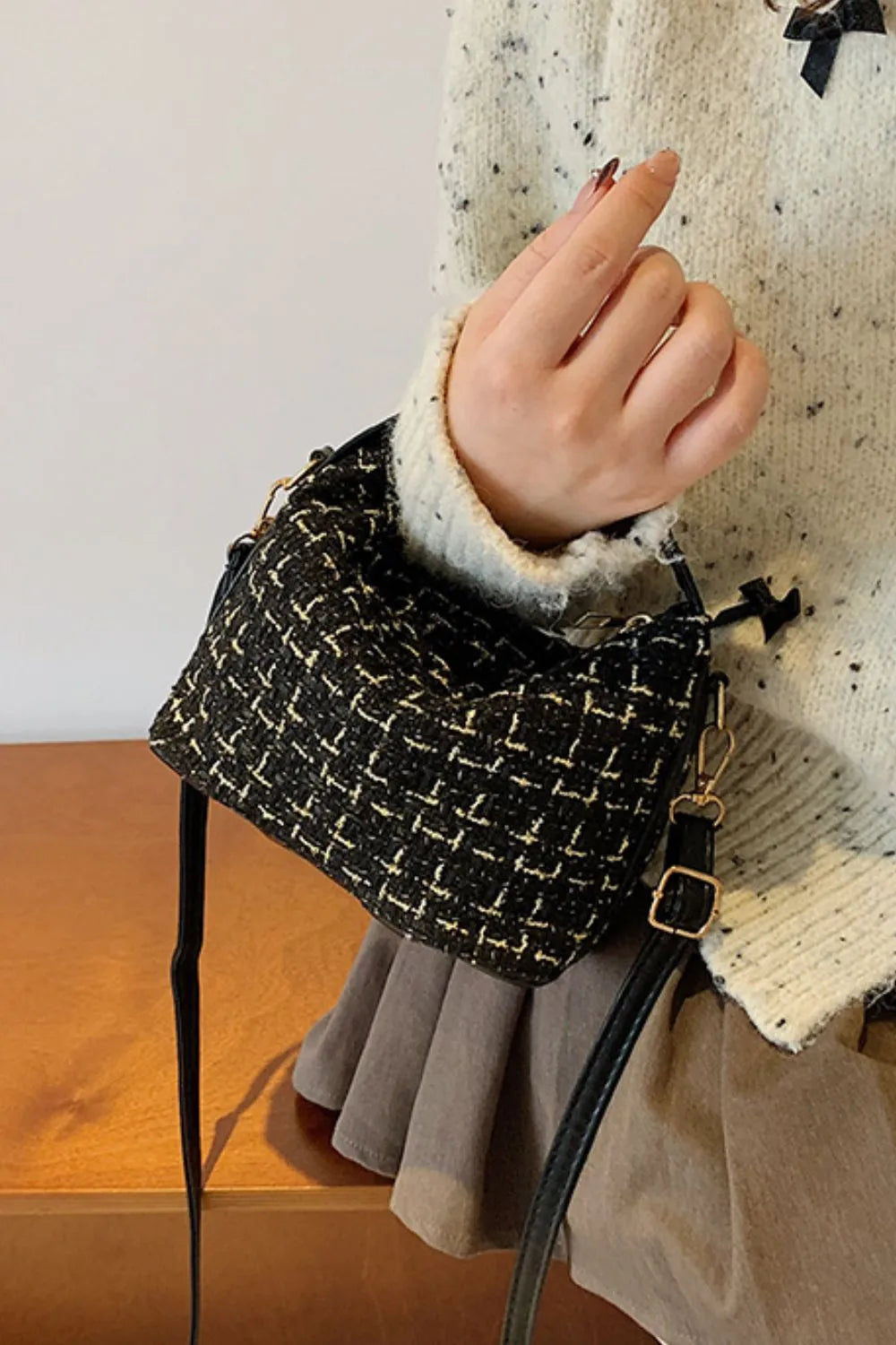 Woven removable strap bag styled outfit