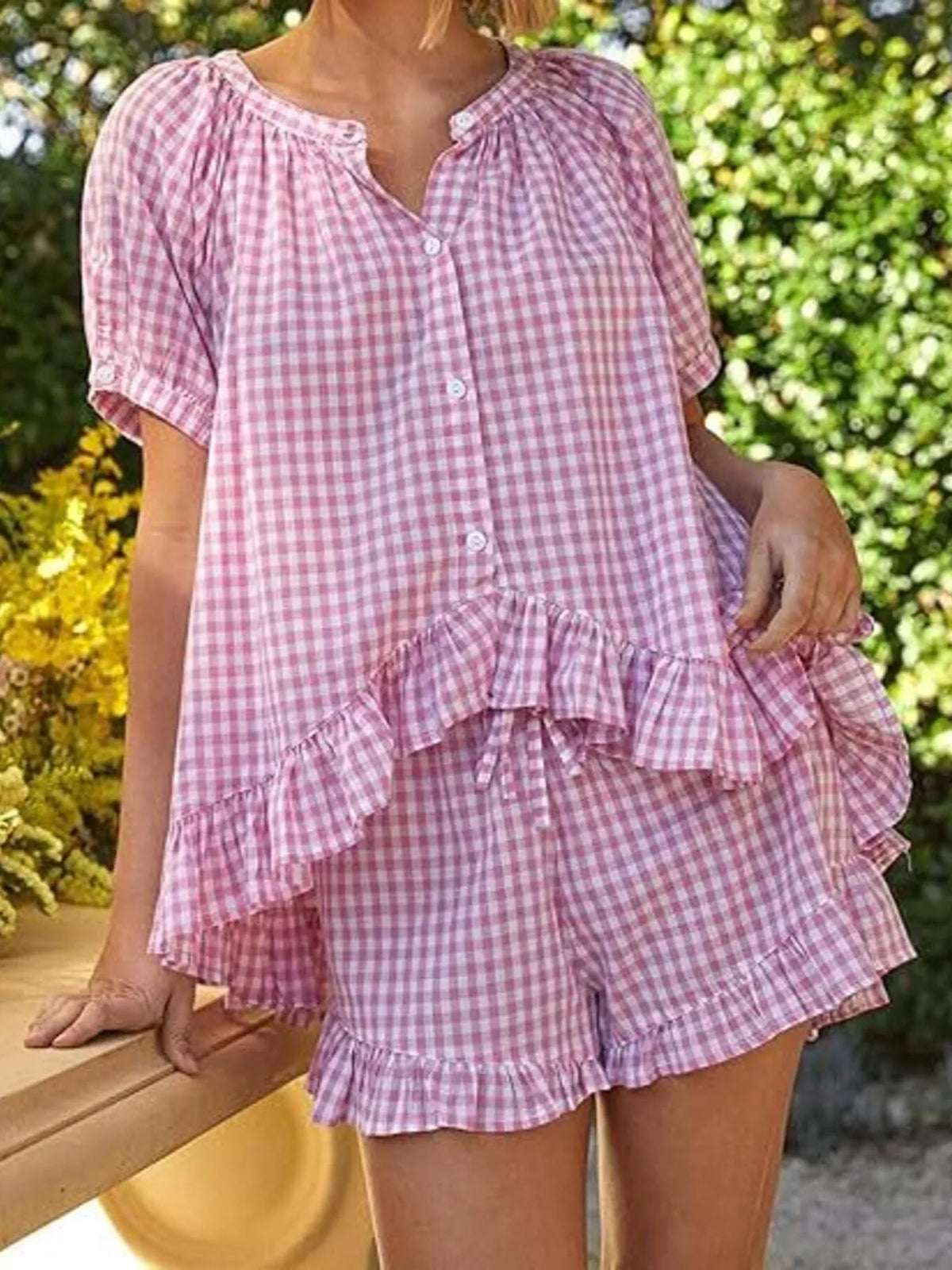 Back view of gingham top and shorts matching set