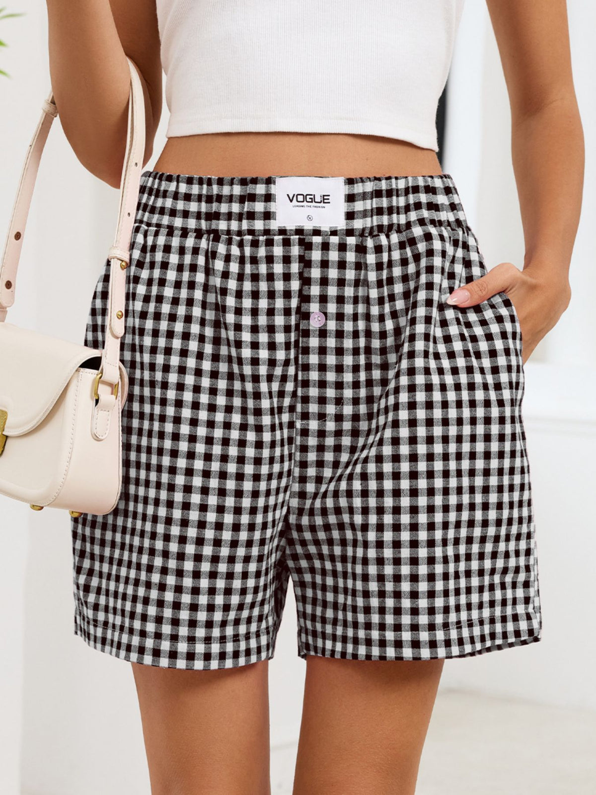 Gingham elastic waist shorts additional side view