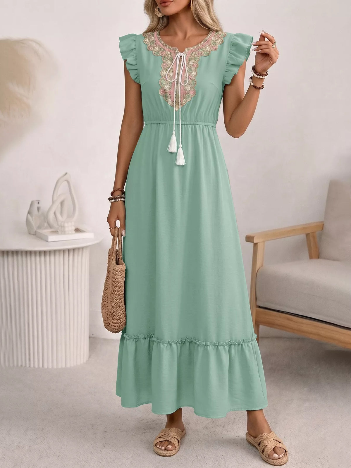 Green embroidered tie neck ruffle sleeve boho maxi dress back view