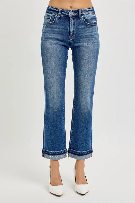 RISEN Mid Rise Ankle Straight Cuffed Jeans DARK - Fashorio